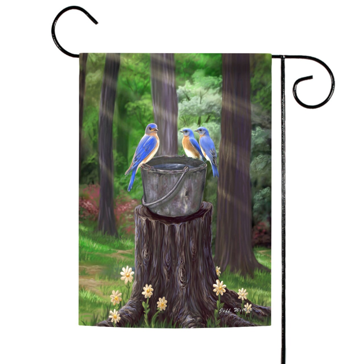 Toland Home Garden Green and Blue Birds on a Bucket Outdoor Rectangular Mini Garden Flag 18" x 12.5"